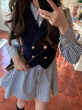 Zjkrl - Autumn Sweet Striped Dress Women College Style Loose Casual Mini Dress Female Long Sleeve Single-breasted Chic Korean Dress 2023