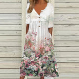 Vintage A Line Dress Women Fashion Short Sleeve Floral Print Sundress Button V Neck Pocket Party Dresses Summer Vestidos
