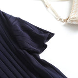 New Autumn Women Vintage Navy Blue Short Sleeve Rib Knit Dress Office Ladies Side Slits Casual Loose Midi Dress