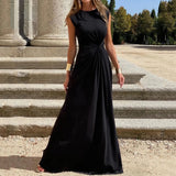 Women Maxi Dress Fashion Elegant Long Sleeve Lapel V Neck Pleated Solid Single Slit Beach Party Dresses High Streetwear
