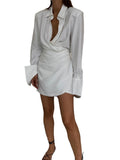 Zjkrl - Elegant Black Padded Shoulder Shirt Dresses for Women Long Sleeve Fashion Sexy Ruched Casual Evening Party Mini Dress White