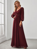 Zjkrl - Elegant Evening Dresses Long Lantern Sleeves V-neck 2023 ever pretty of A-LINE Chiffon Burgundy flower beltbelt Prom Dress Women