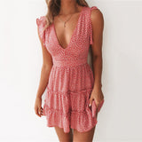Zjkrl - Elegant Ruffle Hem Summer Dress Women Wrap V Neck Polka Dot Printed Dress Flying Sleeve Mini Floral Beach Dresses For Women