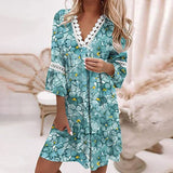 Zjkrl Vintage Print Trumpet Sleeve Boho Beach Dress Women Fashion Lace Patchwork V-Neck Party Dresses Lady Loose A-Line Dress Vestidos