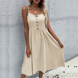 Syiwidii Spaghetti Strap Dresses Women Cotton and Linen Button Casual Summer Birthday Dress for Women Solid Elegant Pullover Y2k