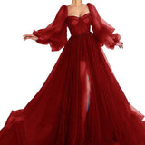 Zjkrl Simple Blue Prom Dresses Long Puff Sleeves Exposed Boning Illusion Evening Dresses High Slit Tulle A-Line Formal Gowns
