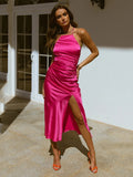 Zjkrl Sexy Dresses Lace Up Backless Satin Split Midi Dress for Women Fashion Smooth Bodycon Long Robe Club Party Vestido