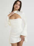 Zjkrl Long Sleeve Satin Dress White Sexy Evening Wedding Guest Night Dress Party Dress Draped Mini Birthday Dress For Women lined