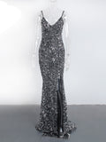 New Royal Blue Sequin Backless Slip Mermaid Long Party Dresses Luxury V Neck Velvet Stretch Slit Sleeveless Cocktail Prom