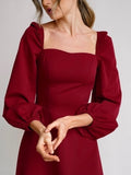 Zjkrl - Churses Red Party Dress New Year Fashion a Line Women Dress Puff Sleeve Zipper Square Collar 2023 New Midi Length Autumn Winter