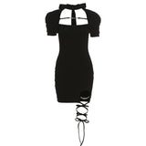 Zjkrl New Vintage Black Bandage Sexy Dress Spice Girls Hollow Out Short Sleeve Dress Women&#39;s Sweet Spicy Thin Skirt Halloween