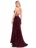 Zjkrl - Deep V Neck Burgundy Sequin Evening Dress Sexy Suspenders Party Maxi Dress Mermaid Long Prom Dresses For Women 2023