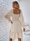 Women Elasticity Dress Ruffle High Waist Tight A-line Dress Pullover Square Collar Long Sleeve Ruffled Dresses