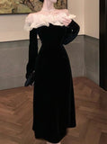 Zjkrl - Korean Fashion Velvet Midi Dress Woman Long Sleeve Sexy Dress Elegant Pure Color French Vintage Dress Off Shoudler Design