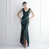 Zjkrl - Elegant Women Beading Sleeve Long Prom Mermaid Dress Sexy Deep V Neck Sequin Evening Party Maxi Dress