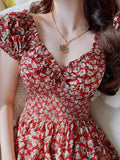 Vintage Print Puff Sleeve Summer Beach Sweet Dresses Casual V-neck Floral Long Dress Boho Party Beach 2023