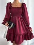 Women Elasticity Dress Ruffle High Waist Tight A-line Dress Pullover Square Collar Long Sleeve Ruffled Dresses