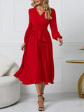 Zjkrl - Dress for Women Solid Color V Neck Long Sleeve Slim-fitting Pleated Dress Spring Summer Temperament Elegant Evening Party Skirts