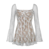 Zjkrl - Elegant Birthday Short Dress Women's Square Collar Lace Patchwork Full Sleeve Party Mini Dresses Fairycore Aesthetic