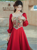 Vintage Victorian Style Red Dresses Woman Retro Cottage Jacquard Floral Lantern Sleeve Bandage Princess Dresses Vestido Festa