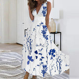 Zjkrl - Elegant Pattern Print High Waist Party Dress Summer Deep V Neck Sleeveless Long Dress Female A-Line Big Hem Slim Evening Dresses