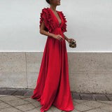 Zjkrl Formal Party  Dress Women Deep V-Neck Long Dress Elegant Flying Sleeves Backless Maxi Evening Dresses Robe De Soiree