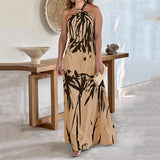 Women Maxi Dress Print Elegant Halter Neck Sleeveless Lace Up Backless Loose Beach Party Long Dresses High Streetwear