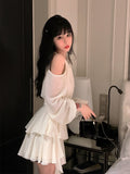 Zjkrl - Autumn Fairy Pure Color Short Party Dress Korean Fashion Elegant Mini Dress Woman Design Casual Long Sleeve Dress Female