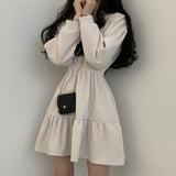 Zjkrl Women Long Sleeve Dresses Solid Color Square Collar A-line Sweet Vintage Design High Waist Mini Length Soft Chic Korean Elegant