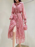 Zjkrl - Fashion Designer Spring Print Midi Chiffon Dress Women 2023 New Elegant Long Sleeve Single Breasted Vintage Vacation Robes