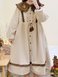 Zjkrl - Kawaii Lolita Dress Women Sweet Preppy Style Ruffles Patchwork Corduroy Dress Autumn Winter Puff Sleeve Peter Pan Collar