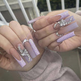 Zjkrl - 24Pcs Full Cover False Nails Red Rhinestone Planet Long Ballerina Coffin Nail Tips Detachable Fake Nails Press on Nails Manicure