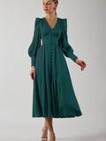 Satin Party Dress Single Breasted High Waist a Line Long Dress Deep v Neck Sexy Elegant Temperament Ol Style 2023 New Arrivals