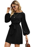 Women Midi Dress Fashion Comfortable Atmosphere Drawstring Lantern Sleeve Mini A-line Skirt Dress Summer New