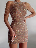 Zjkrl 2023 Sexy Sleeveless Off Shoulder Skinny Dress Fashion Mini High Waist Party Dress for Women Elegant Halter Chain Sequin Dress