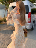 Zjkrl - 2023 Spring Elegant Floral Midi Dress Women Casual Outwear Beach Y2k Dress French Vintage One Piece Dress Korean Fashion Summer