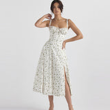 Zjkrl Floral Printed Women Dress 2023 Summer Elegant Solid Slim Sleeveless Slip Female Side Split Waist Lady A-line Robe