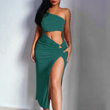 Zjkrl Backless Midi Dress Sexy One Shoulder Slim Summer Dress for Women Elegant Hollow Club Party Dresses Beach See Through 2023 New