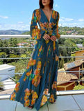Zjkrl Elegant Printed Chiffon Party Dress Women Sexy V-neck Split Boho Long Dress Casual Long Sleeve Crossover Belt Beach Cover Up