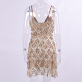 Zjkrl - 2023 Elegant Luxury Women's Sequin Tassel Evening Dresses Sexy V-neck Spaghetti Strap Backless Short Birthday Party Slip Dress