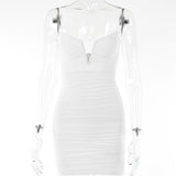 Spaghetti Strap Ruched Dress Women 2023 Spring Sexy Slim Elegant Clubwear Solid Sleeveless Backless Sheath Dress Female