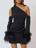 Zjkrl One Shoulder Long Sleeve Mini Dress With Feathers Black Autumn Party Evening Club Furry Bodycon Sexy Dresses Women