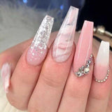Zjkrl - 24Pcs Full Cover False Nails Red Rhinestone Planet Long Ballerina Coffin Nail Tips Detachable Fake Nails Press on Nails Manicure