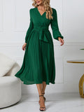 Zjkrl - Dress for Women Solid Color V Neck Long Sleeve Slim-fitting Pleated Dress Spring Summer Temperament Elegant Evening Party Skirts