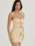 Sexy Strapless Flower Mesh Women Dress Apricot Hollow Out Ruched Summer Dresses Woman 2023 Elegant Party Club Vestidos