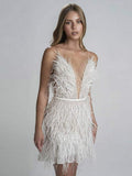 Zjkrl Sexy Feather Spaghetti Strap Dress Women Summer Deep V-Neck Female Mini Dresses Fashion Evening Party Club Elegant Lady Dresses