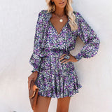 Zjkrl - Fashion Vintage Colorful Floral Print Party Dress Women Spring Summer Elegant V-Neck Drawstring Ruffle Mini Dresses Casual Dress