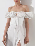 Puff Sleeve White Dress Off Shoulder Cut out Tie up Side Split Ruched Long Dress robe femme Summer Dress for Women