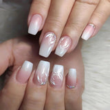 Zjkrl - 24Pcs Press On Nails Wearable Fake Nails Pink Gradient Glitter Butterfly Rhinestones False Nail Full Cover Acrylic Nail Tips