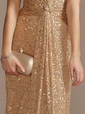 Zjkrl New Luxury Champagne V-Neck Sequin Evening Dress Women Party Maxi Dress Beading Gowns Long Prom Cocktail Dresses